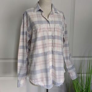 Free People Plaid Button Front Collared Oversized Pastel Purple Pink XS NWT